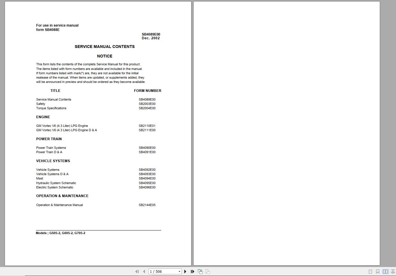 Doosan LPG Forklift G50S 2 G60S 2 G70S 2 Electric Schematic Service Operaton Maintenance Manual S 1