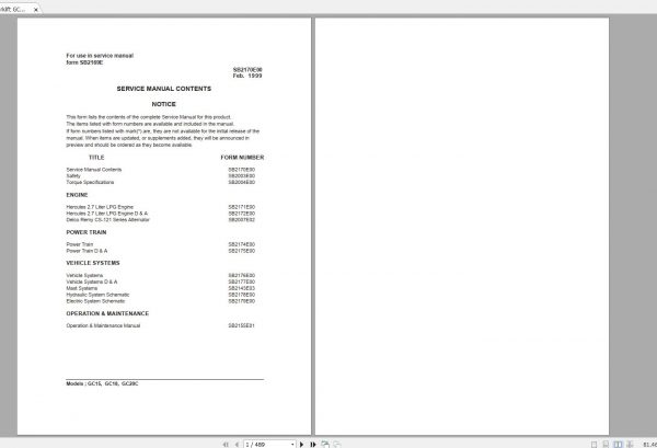 Doosan LPG Forklift GC15 GC18 GC20C Electric Schematic Service Operaton Maintenance Manual SB2169E00 0 1