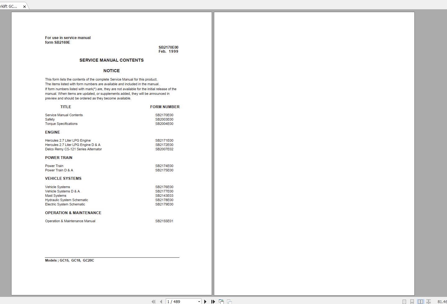 Doosan LPG Forklift GC15 GC18 GC20C Electric Schematic Service Operaton Maintenance Manual SB2169E00 0 1