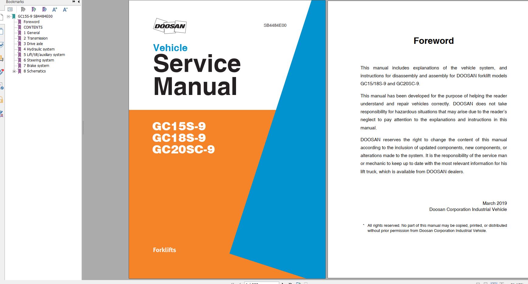 Doosan LPG Forklift GC15S 9 GC18S 9 GC20S 9 Service Manual SB4484E00 03 1