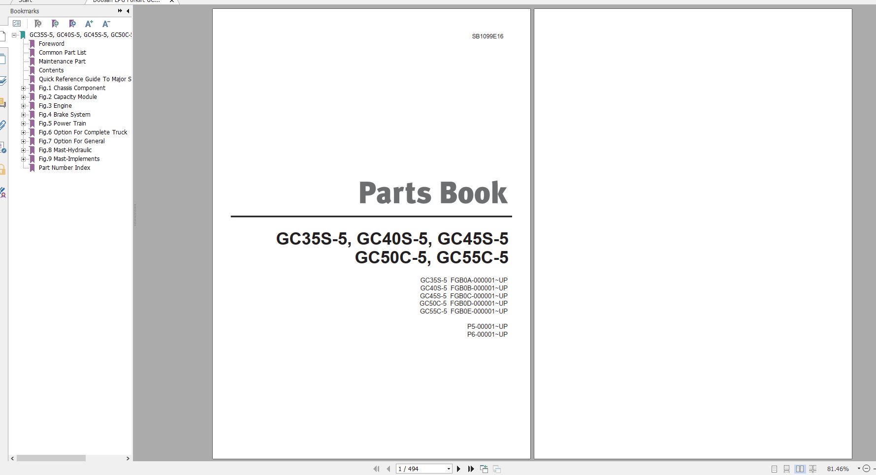 Doosan LPG Forklift GC35S 5 GC40S 5 GC45S 5 GC50S 5 GC55S 5 Part Book SB1099E16 1