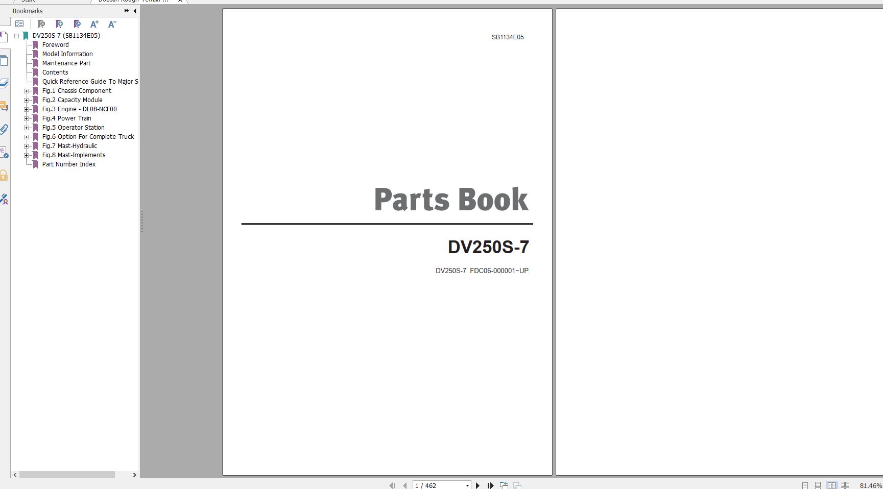 Doosan Rough Terrain Forklift DV250S 7 Part Book SB1134E05 1