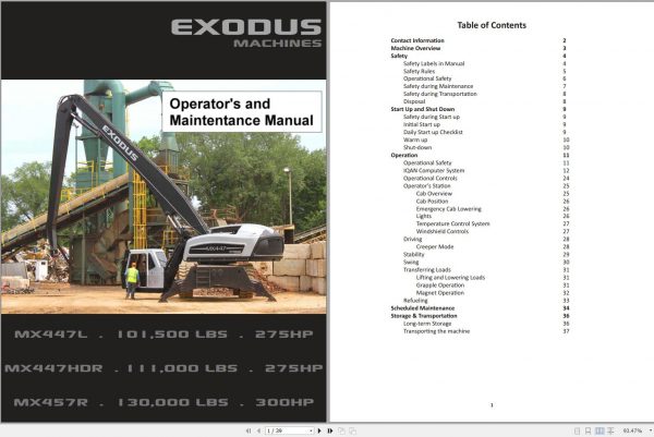 Exodus Material Handler MX44L MX447HDR MX457R Operators Maintenance Manual 1