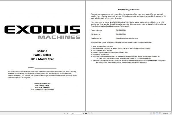 Exodus Material Handler MX457 Parts Manual 2012 1
