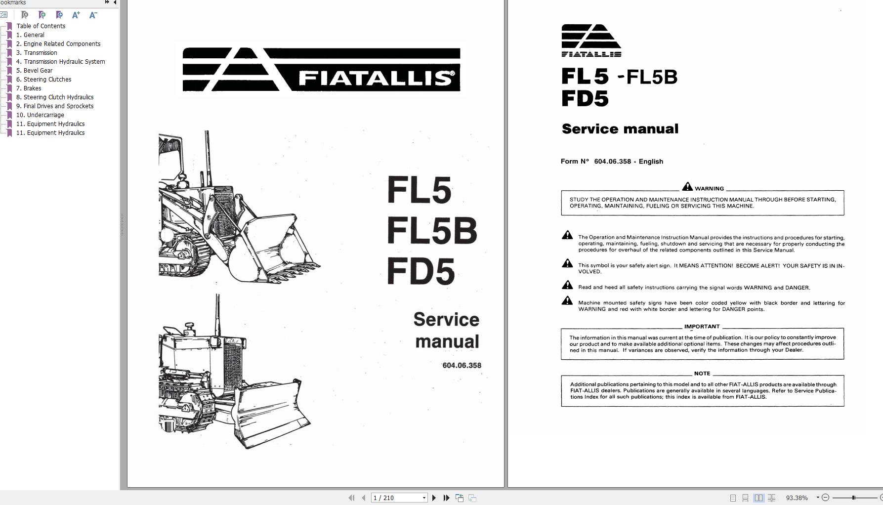 Fiat Allis Crawler Loader FL5 FL5B FD5 Service Manual 60406358 1