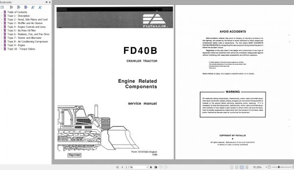 Fiat Allis Crawler Tractor FD40B Engine Related Service Manual 73157200 1