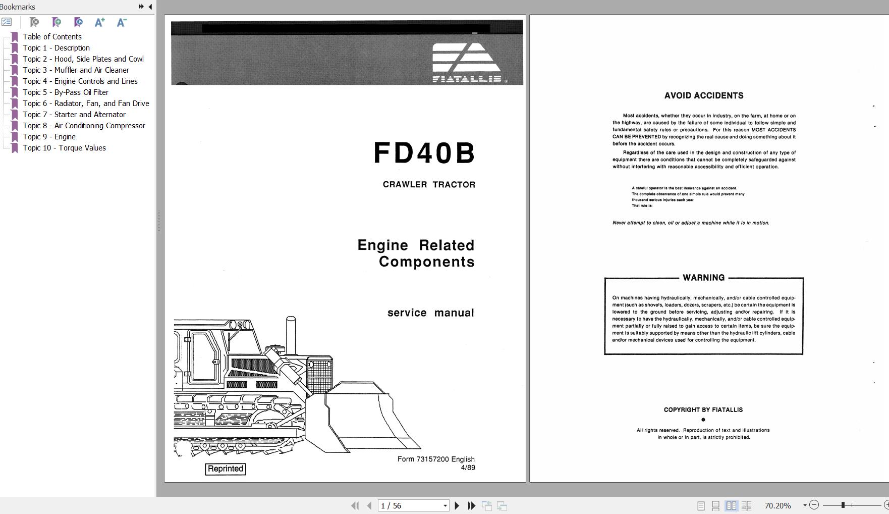 Fiat Allis Crawler Tractor FD40B Engine Related Service Manual 73157200 1