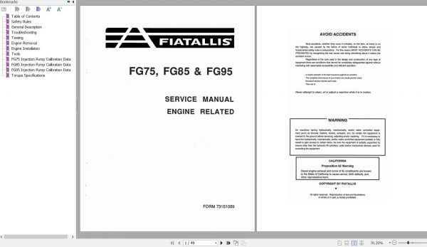 Fiat Allis Grader FG75 FG85 FG95 Engine Related Service Manual 73151089 1