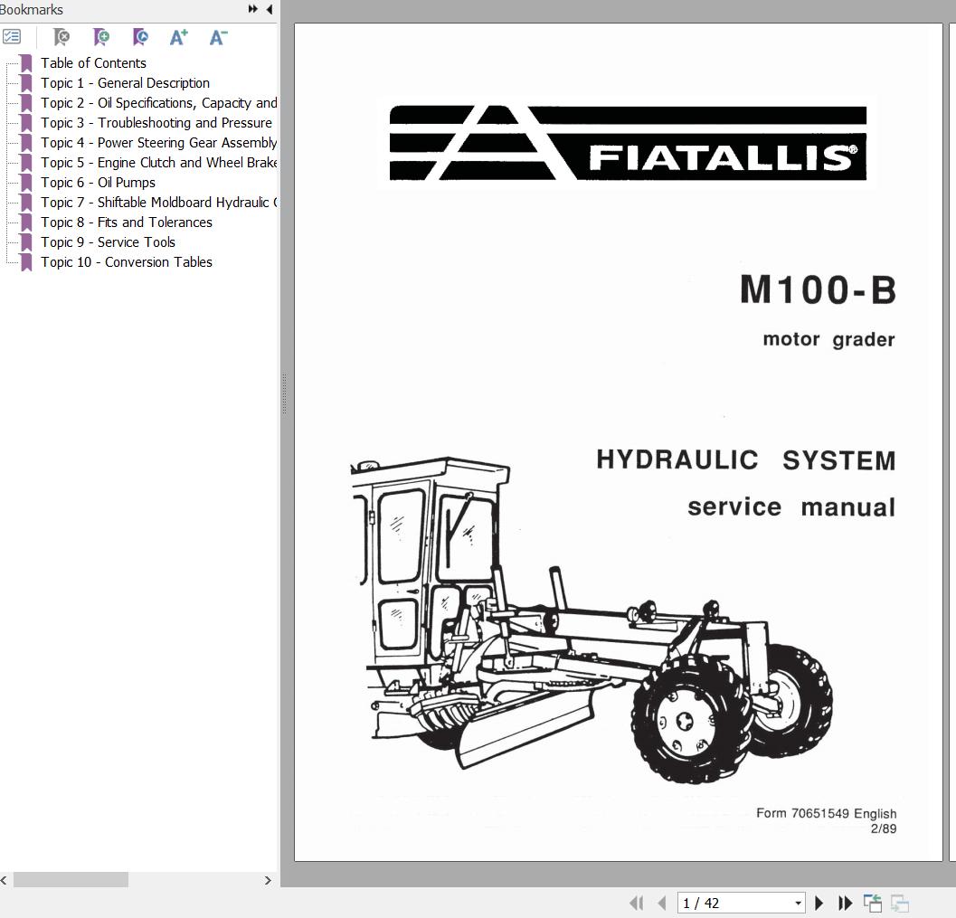 Fiat Allis Motorgrader M100 B Hydraulic System Service Manual 70651549 1