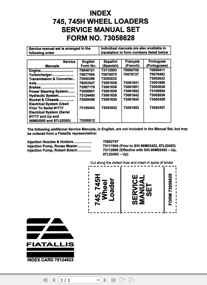 Fiat Allis Wheel Loader 745 745H Service Manual 1