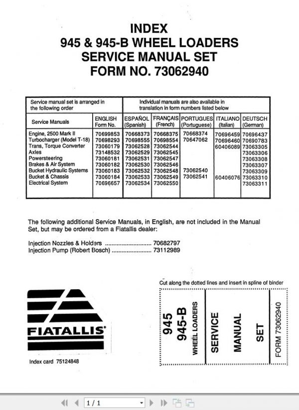 Fiat Allis Wheel Loader 945 945B Service Manual 1