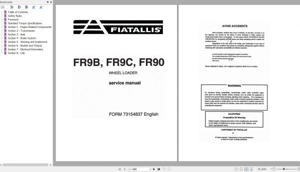 Fiat Allis Wheel Loader FR9B FR9C FR90 Service Manual 73154837 1
