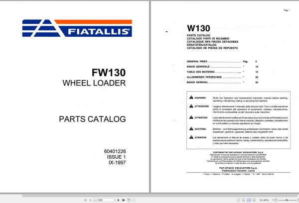 Fiat Allis Wheel Loader FW130 Parts Catalog 60401226 EN IT FR DE ES 1