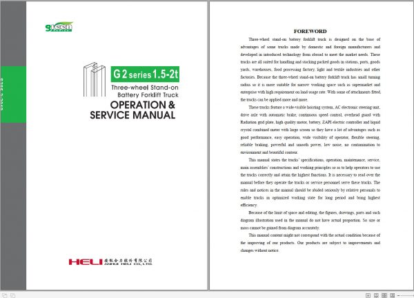 Heli Forklift Electric G Series Three Wheel Stand up CPDSR15 20 Operation and Service Manual 1