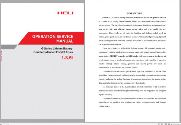 Heli Forklift Electric G Series Truck CPD20 35 Operation Service Manual 1