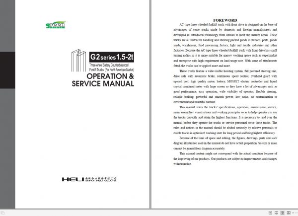 Heli Forklift Electric G2 series Reach Truck CPDSR15 20SQ GB2 Operators Operation Service Manual 1