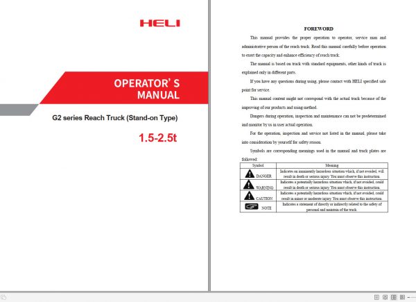 Heli Forklift Electric G2 series Reach Truck CPDSR15 20SQ GB2 Operators Operation Service Manual 3