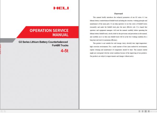 Heli Forklift Electric G3 Series Lithium Battery Counterbalanced CPD40 45 50 Operation Service Manual 1