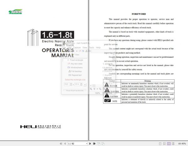 Heli Forklift Electric Narrow Aisle Reach Truck G Series AC CQD14X2 Operators Manual 1 1