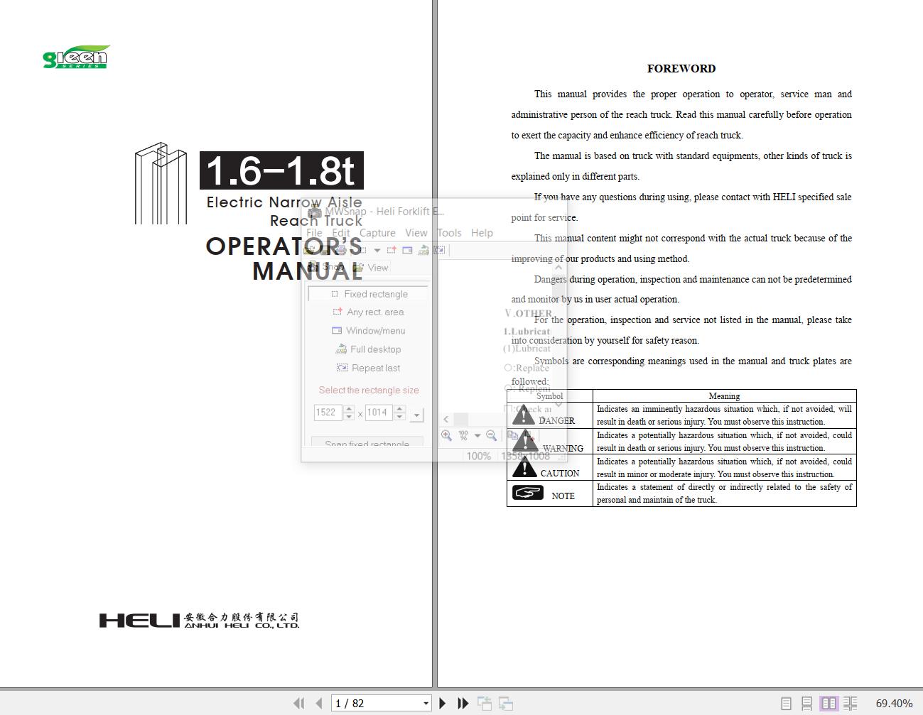 Heli Forklift Electric Narrow Aisle Reach Truck G Series AC CQD14X2 Operators Manual 1 1