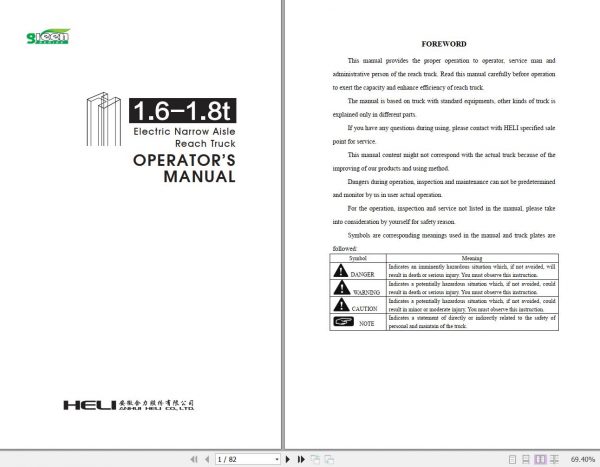 Heli Forklift Electric Reach Truck G Series AC CQD16 18X1 Operation Service and Operators Manual 3