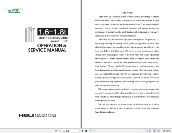 Heli Forklift Electric Reach Truck G Series AC CQD16 18X1 Operation Service and Operators Manual 5