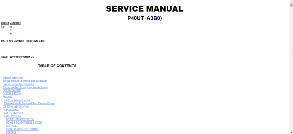Hyster Forklift Class 3 A3B0 P40UT Service Manual 1