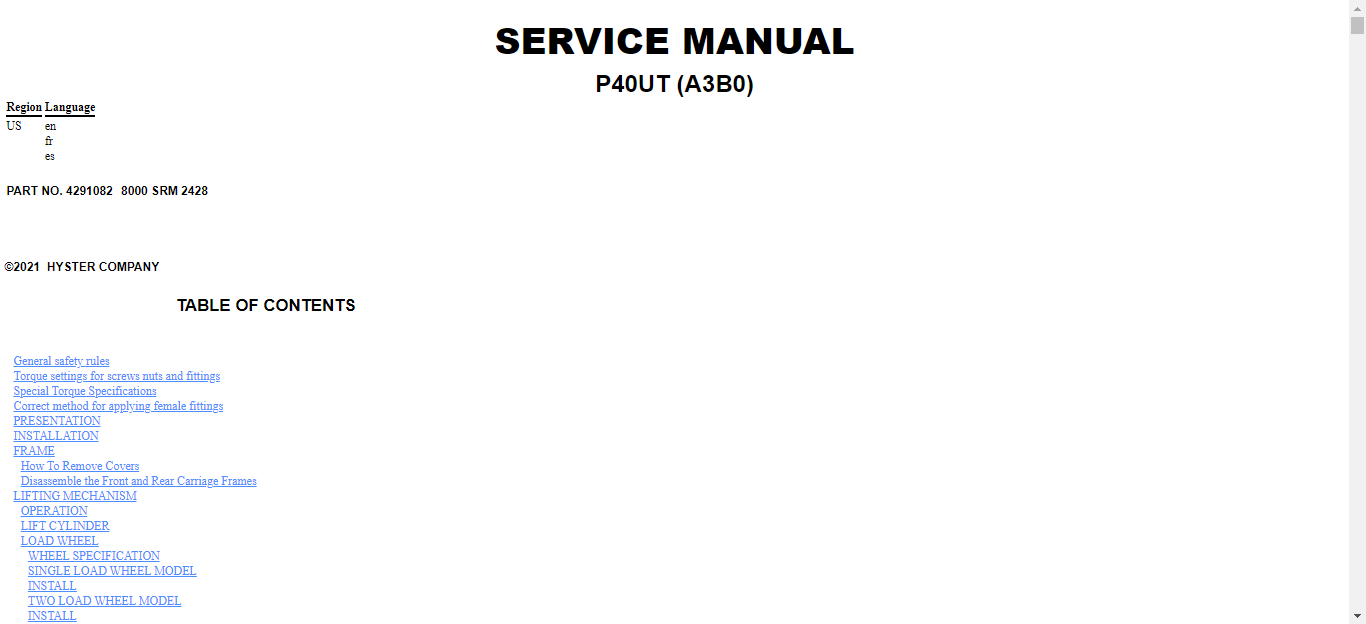Hyster Forklift Class 3 A3B0 P40UT Service Manual 1
