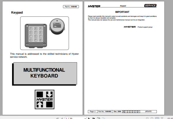 Hyster Forklift Class 3 B447 S1.0C S1.2C S1.5C Technical Manual Key Pad 1