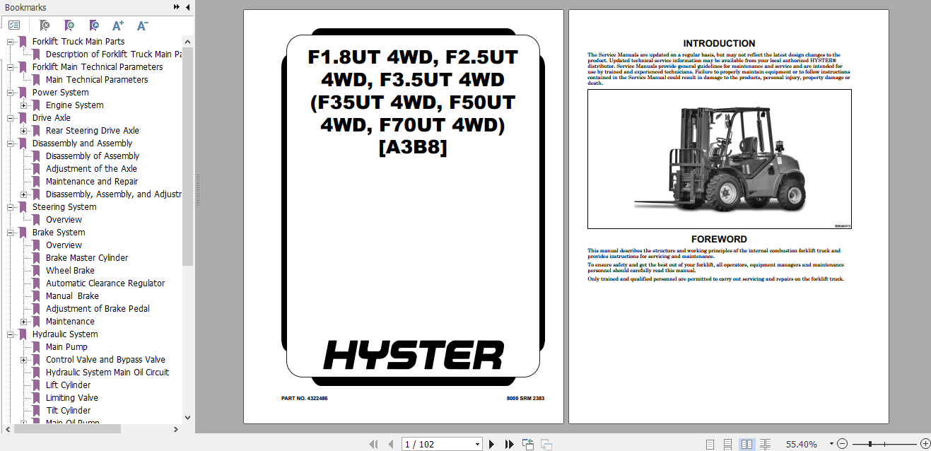 Hyster Forklift Class 5 A3B8 F35UT 4WD F50UT 4WD F70UT 4WD Service Manual 1
