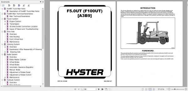 Hyster Forklift Class 5 A3B9 F5.0UT Europe F100UT Service Manual 1