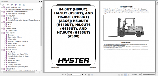 Hyster Forklift Class 5 A3C6 H4.0UT H4.5UT H5.0UT Europe Service Manual 1