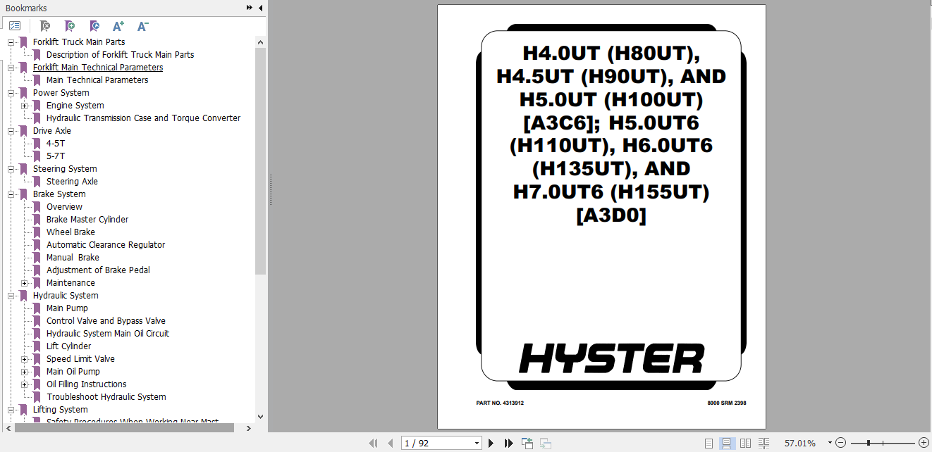 Hyster Forklift Class 5 A3D0 H110UT H135UT H155UT Service Manual 1