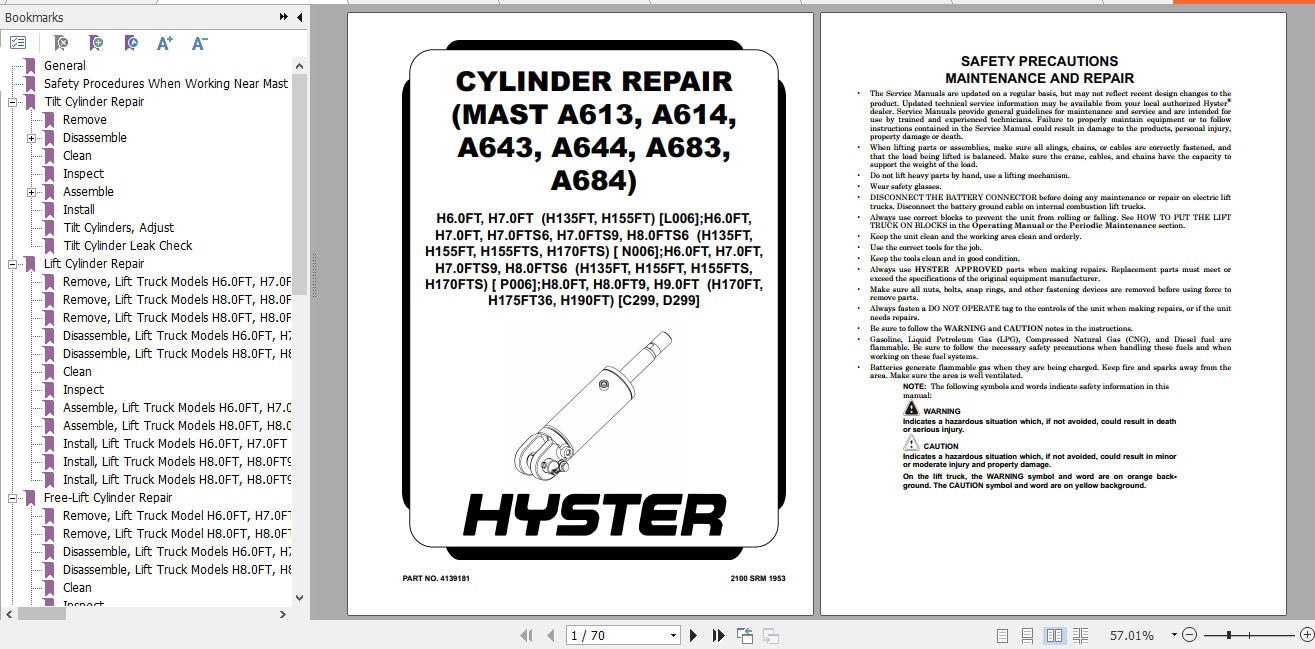 Hyster Forklift Class 5 P006 (H6.0FT, H7.0FT, H7.0FTS, H7.0FTS9, H8
