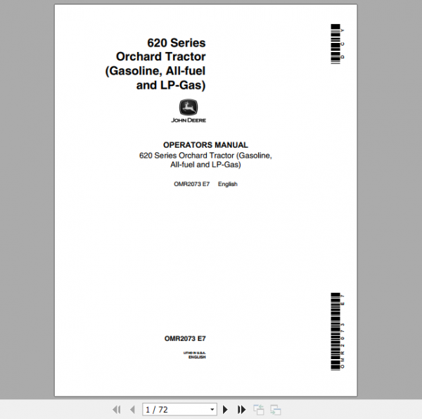 John Deere 620 Series Orchard Tractor Gasoline All fuel and LP Gas Operators Manual OMR2073 1