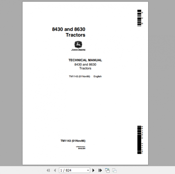 John Deere Articulated Tractors 8430 8630 4WD Technical Service Manual TM1143 1