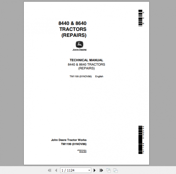 John Deere Articulated Tractors 8440 8460 4WD Diagnostic and Repair Technical Service Manual TM1199 1
