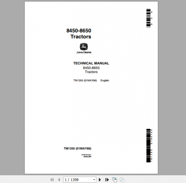 John Deere Articulated Tractors 8450 8650 4WD Technical Manual TM1355 1
