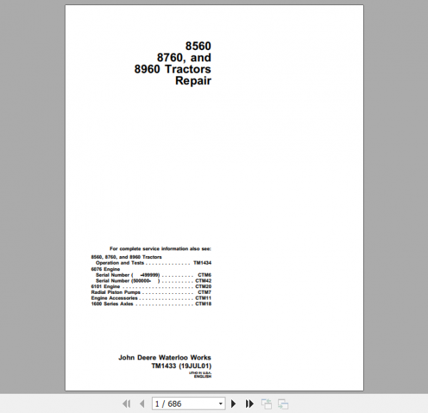 John Deere Articulated Tractors 8560 8760 8960 4WD Repair Manual TM1433 1