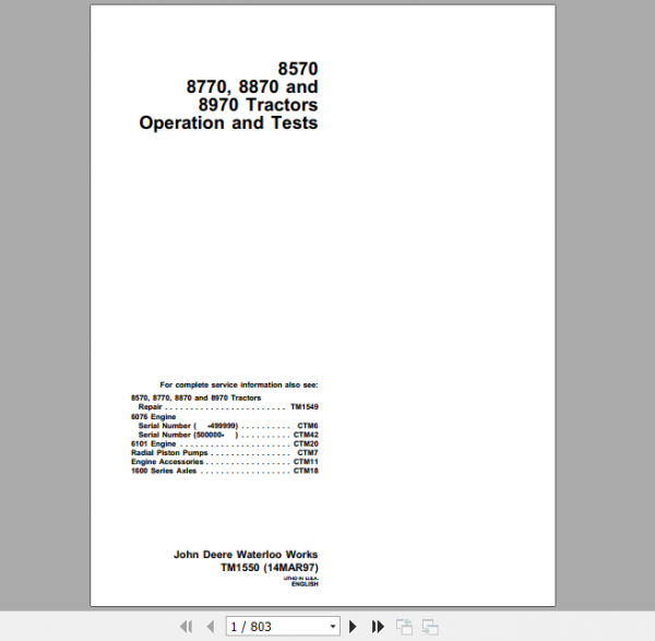 John Deere Articulated Tractors 8570 8770 8870 8970 4WD Diagnosis Tests Service Manual TM1550 1