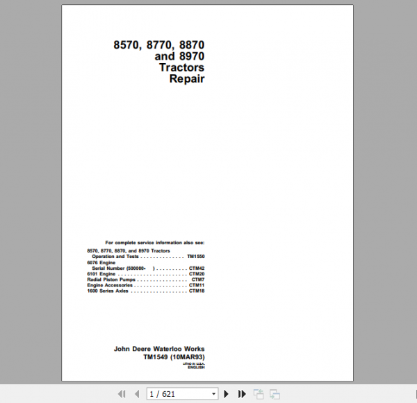 John Deere Articulated Tractors 8570 8770 8870 8970 4WD Service Repair Technical Manual TM1549 1