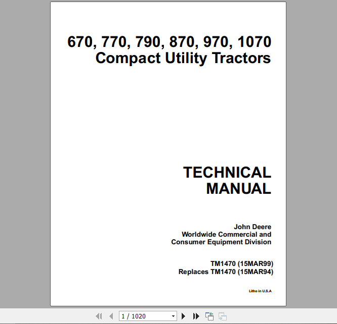 John Deere Compact Utility Tractors 670 770 790 870 970 1070 Technical Manual TM1470 1