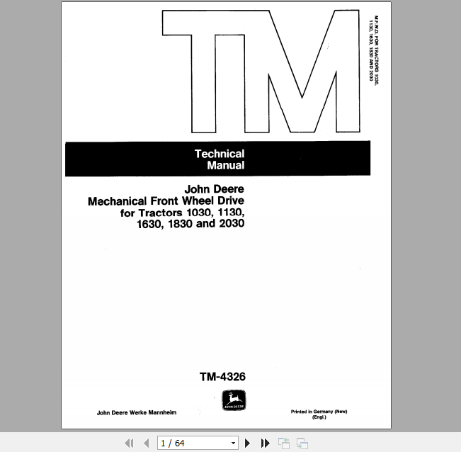 John Deere Front Wheel Drive for Tractor 1030 1130 1630 1830 2030 Technical Manual TM4326 1