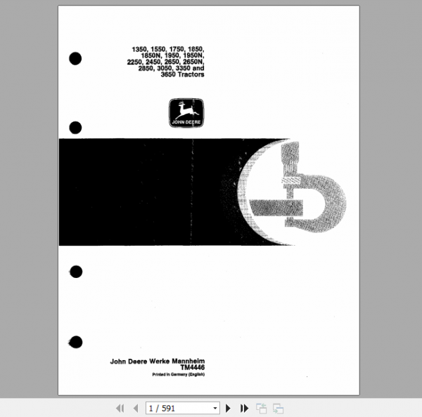 John Deere Tractors 1350 1550 1750 1850 1950 2250 2450 2650 2850 3050 3350 3650 Diagnostic Manual TM4446 1