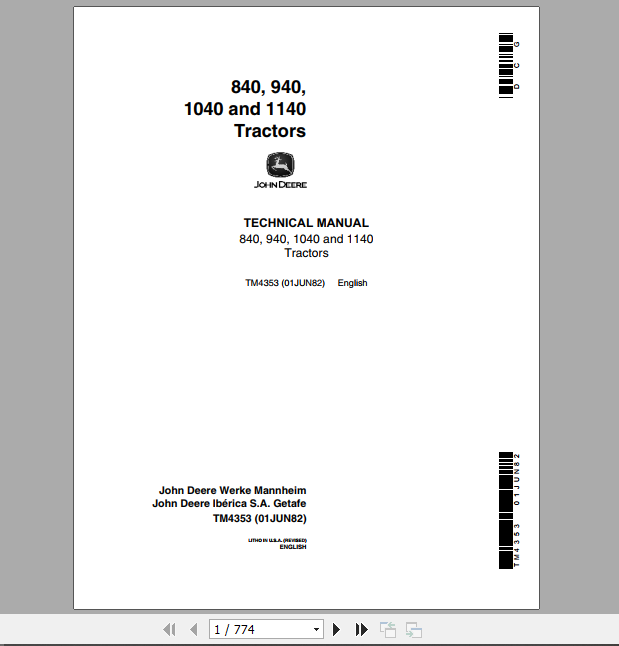 John Deere Tractors 840 940 1040 1140 Technical Manual TM4353 1