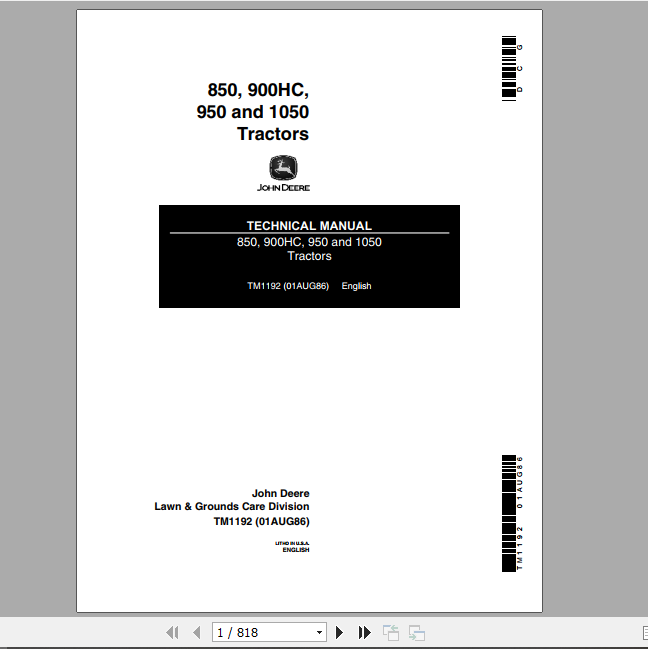 John Deere Utility Tractors 1050 850 900HC 950 Technical Manual TM1192 1