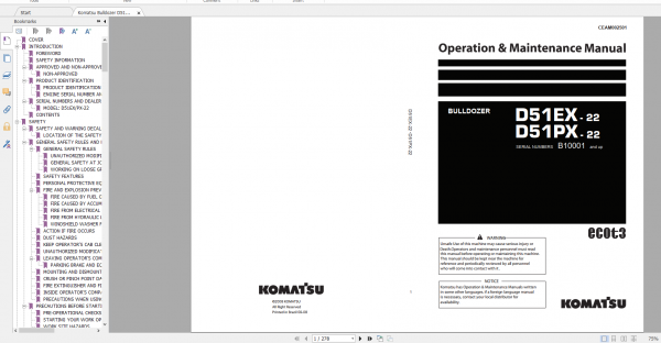 Komatsu Bulldozer D51EX 22 D51PX 22 Operation Maintenance Manual BRAZILeng CEAM002501 2008