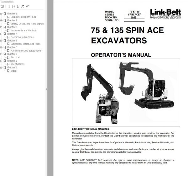 Link Belt Excavator 135 SPIN ACE MSR Schematics Operators Service Manual 1