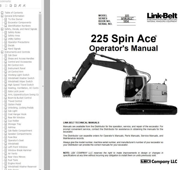 Link Belt Excavator 225 SPIN ACE MSR Schematics Operation Service Manual 3