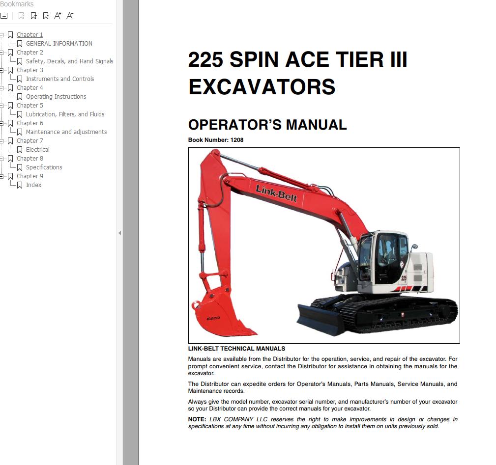 Link Belt Excavator 225 SPIN ACE MSR Tier 3 Schematics Operators Shop Manual 1